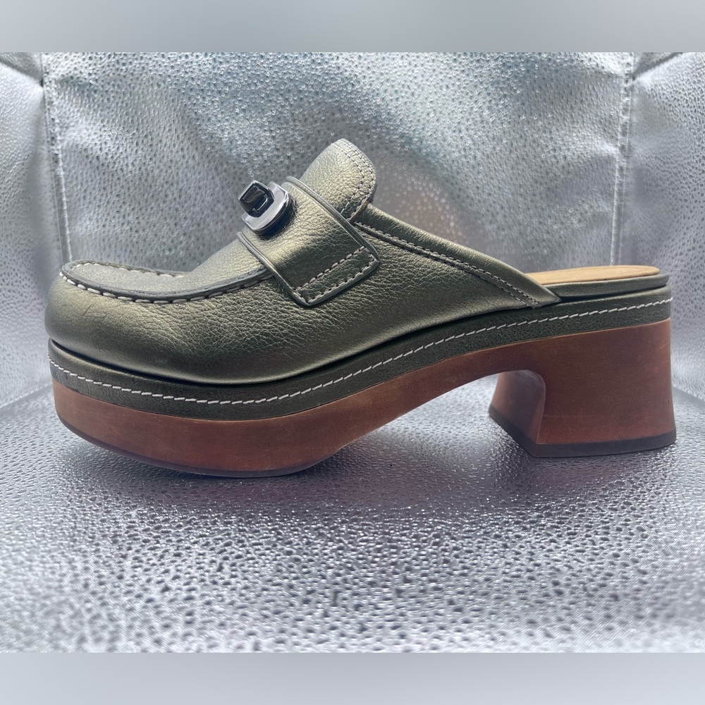 Coach “Adrienne” Olive Green Leather Platform Mules.